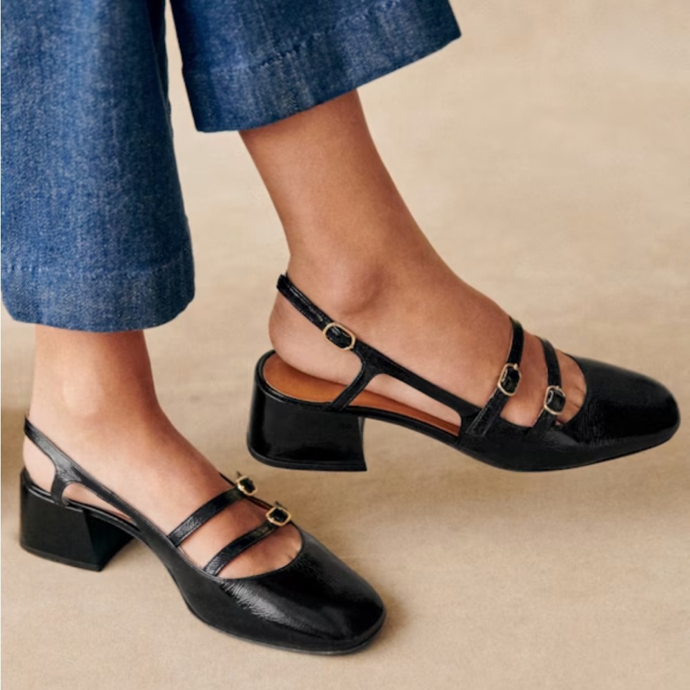 Sézane Paula Babies Black Patent Leather Slingback block heels